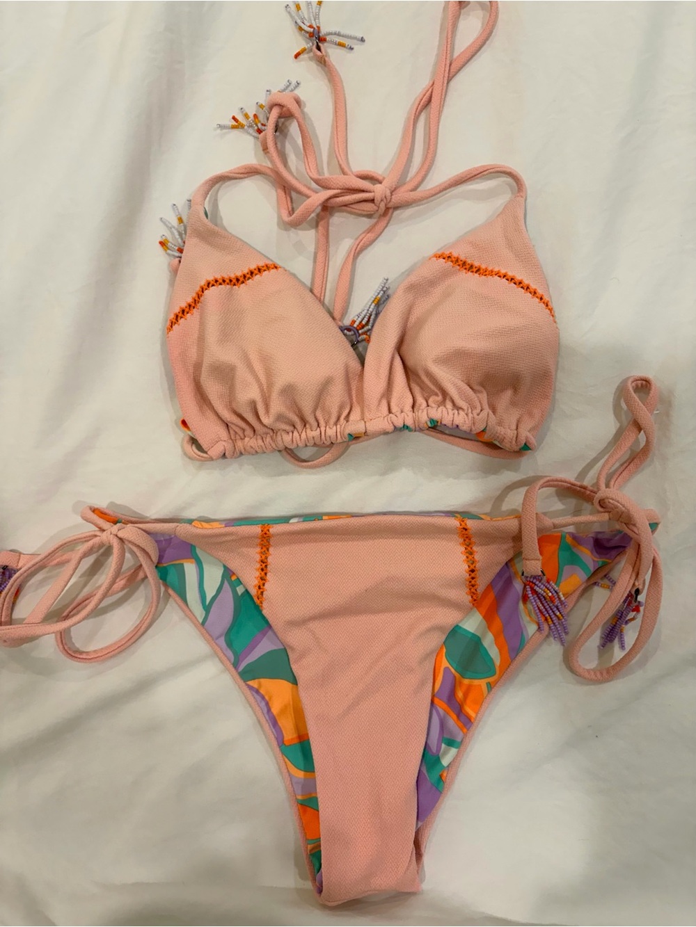 Maaji Peach-Pink Tie-Side Bikini with Multicolor Trim